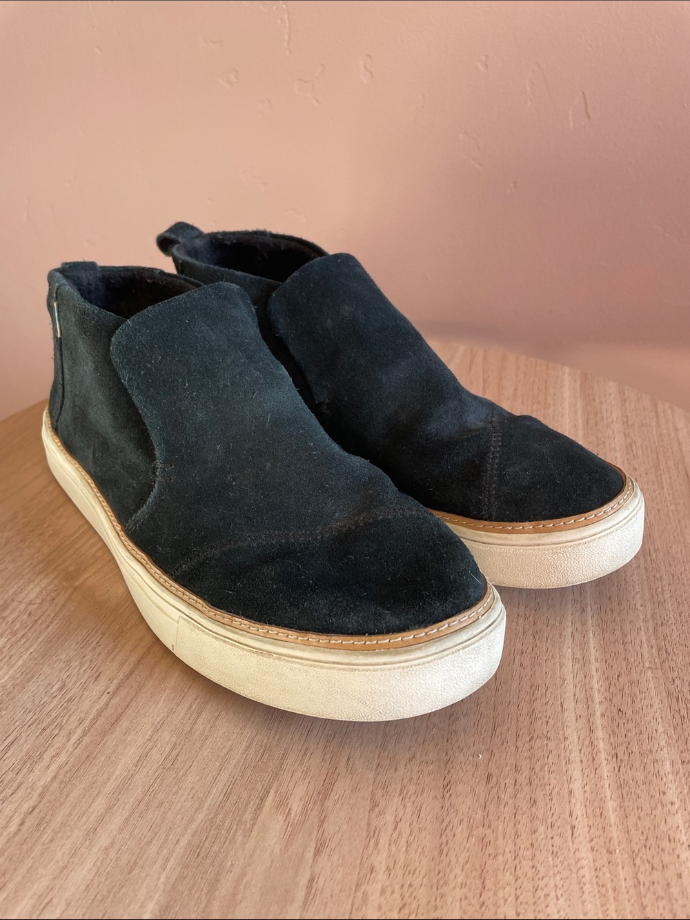 Toms Black Suede Slip-On Sneakers with White Platform